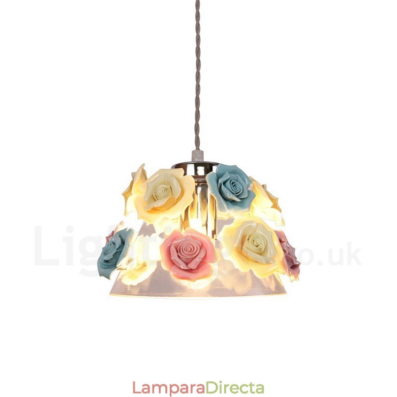Lámpara colgante de techo con forma de macarrón y flores multicolores con pantalla de cristal