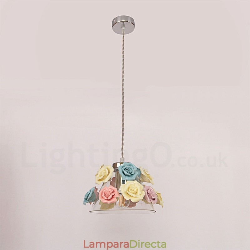 Lámpara colgante de techo con forma de macarrón y flores multicolores con pantalla de cristal