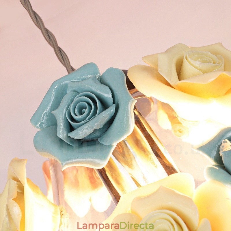 Lámpara colgante de techo con forma de macarrón y flores multicolores con pantalla de cristal