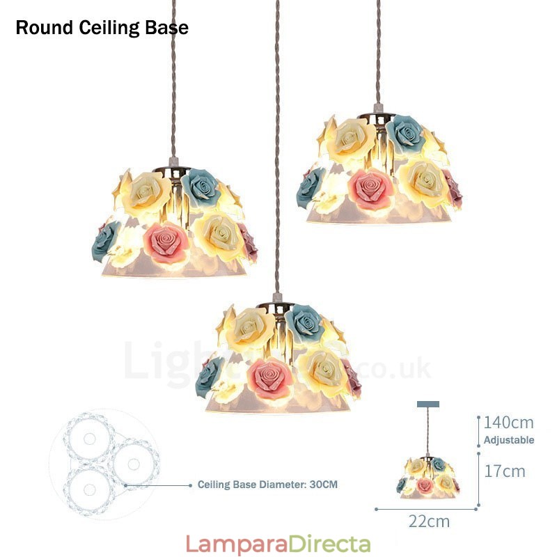 Lámpara colgante de techo con forma de macarrón y flores multicolores con pantalla de cristal
