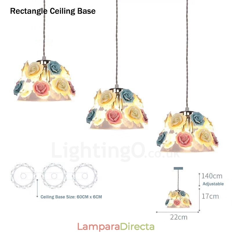 Lámpara colgante de techo con forma de macarrón y flores multicolores con pantalla de cristal