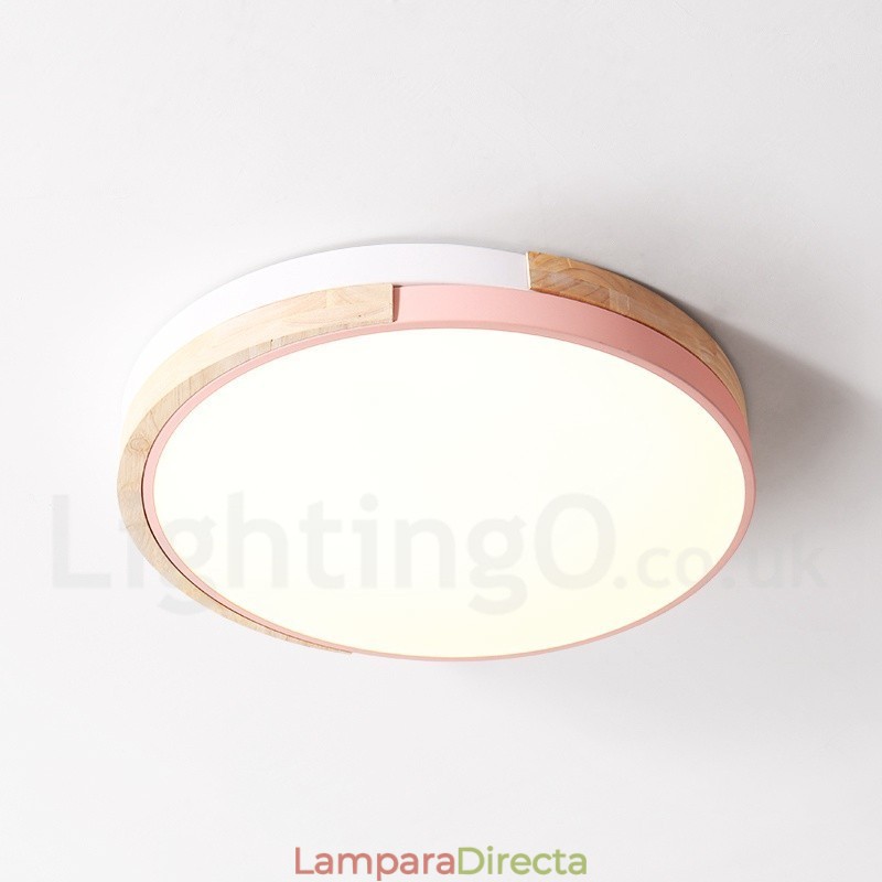 Lámpara de techo redonda de madera multicolor regulable con pantalla acrílica, estilo nórdico.