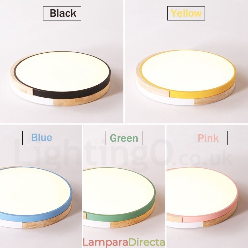 Lámpara de techo redonda de madera multicolor regulable con pantalla acrílica, estilo nórdico.