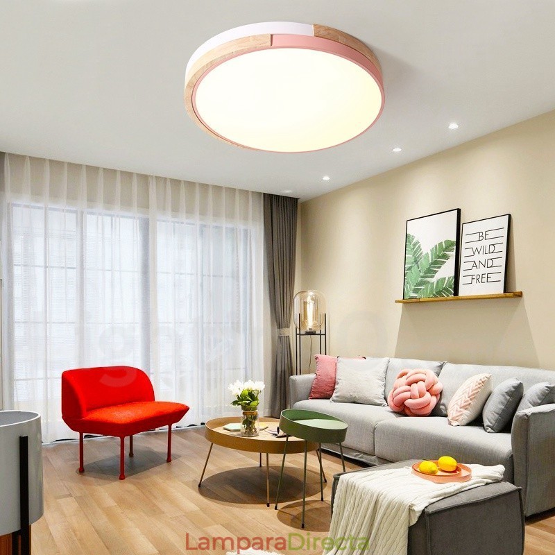 Lámpara de techo redonda de madera multicolor regulable con pantalla acrílica, estilo nórdico.