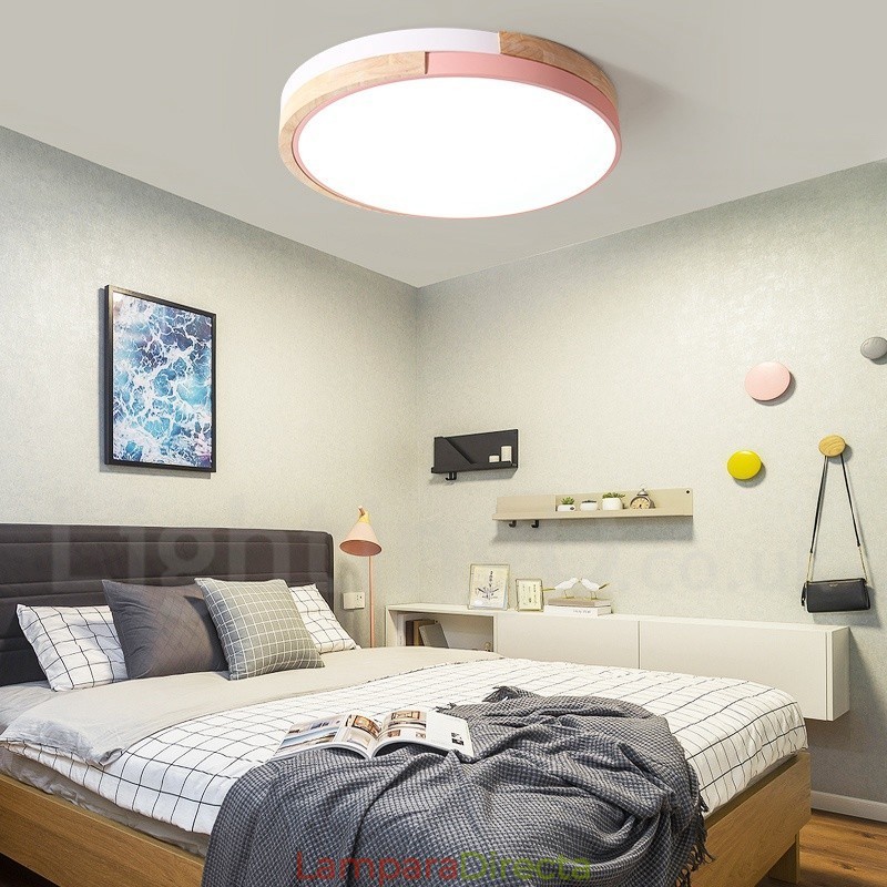 Lámpara de techo redonda de madera multicolor regulable con pantalla acrílica, estilo nórdico.