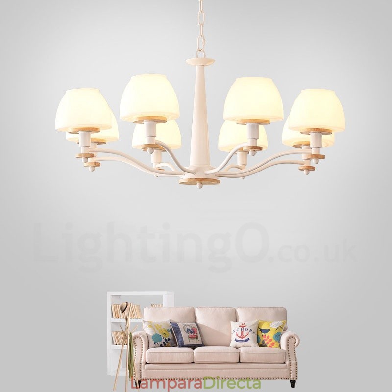 Lámpara colgante de madera Macaron multicolor de 6 y 8 luces con pantallas de cristal, estilo nórdico