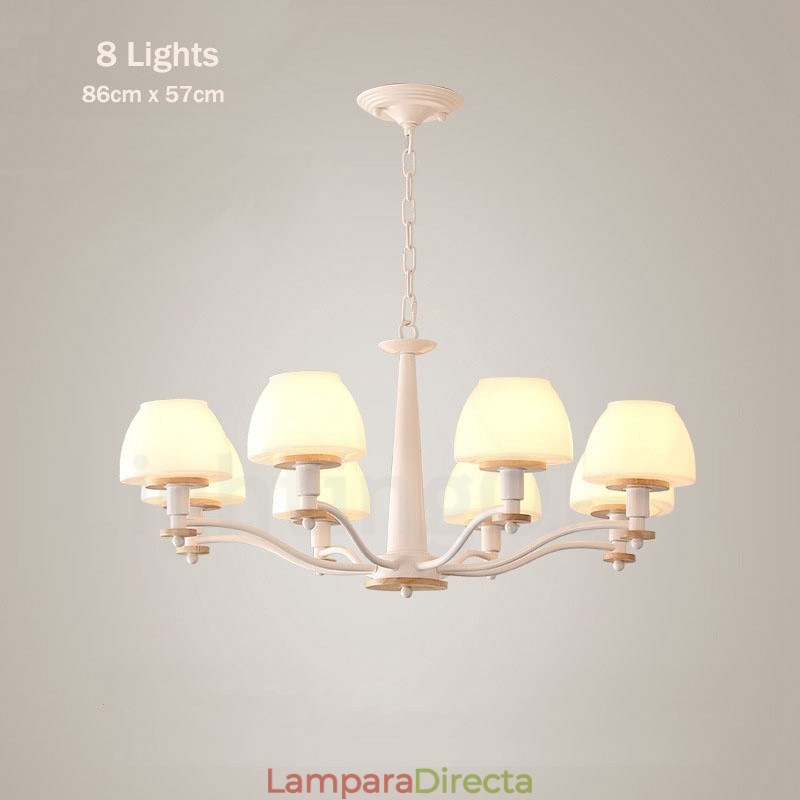Lámpara colgante de madera Macaron multicolor de 6 y 8 luces con pantallas de cristal, estilo nórdico