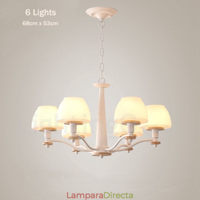 Lámpara colgante de madera Macaron multicolor de 6 y 8 luces con pantallas de cristal, estilo nórdico