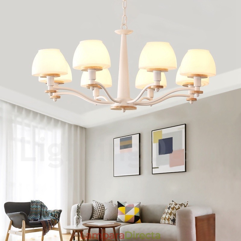 Lámpara colgante de madera Macaron multicolor de 6 y 8 luces con pantallas de cristal, estilo nórdico