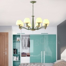 Lámpara colgante de madera Macaron multicolor de 6 y 8 luces con pantallas de cristal, estilo nórdico