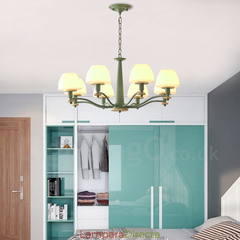 Lámpara colgante de madera Macaron multicolor de 6 y 8 luces con pantallas de cristal, estilo nórdico