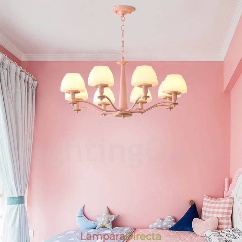 Lámpara colgante de madera Macaron multicolor de 6 y 8 luces con pantallas de cristal, estilo nórdico