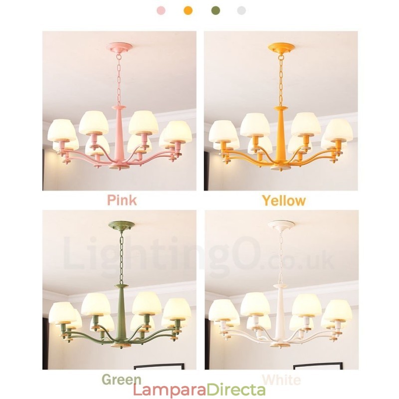 Lámpara colgante de madera Macaron multicolor de 6 y 8 luces con pantallas de cristal, estilo nórdico