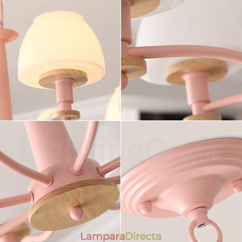 Lámpara colgante de madera Macaron multicolor de 6 y 8 luces con pantallas de cristal, estilo nórdico