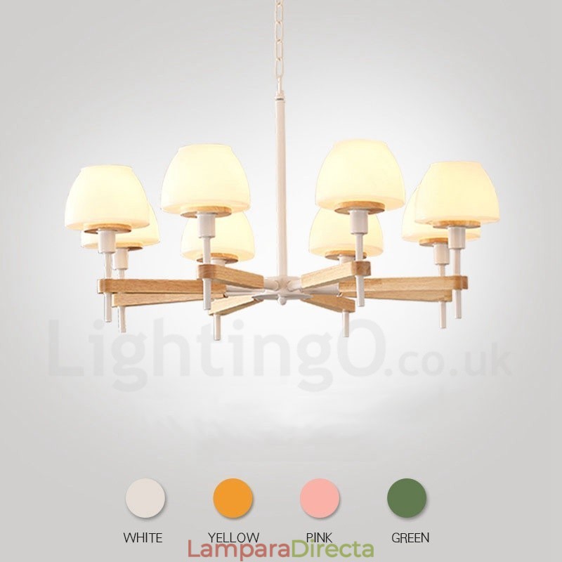 Lámpara colgante de madera Macaron multicolor de 6 y 8 luces con pantallas de cristal, estilo nórdico