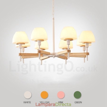 Lámpara colgante de madera Macaron multicolor de 6 y 8 luces con pantallas de cristal, estilo nórdico Lámpara colgante de madera Macaron multicolor de 6 y 8 luces con pantallas de cristal, estilo nórdico