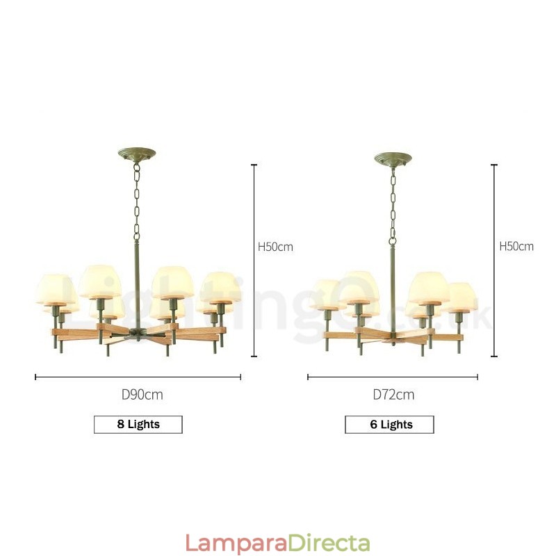 Lámpara colgante de madera Macaron multicolor de 6 y 8 luces con pantallas de cristal, estilo nórdico