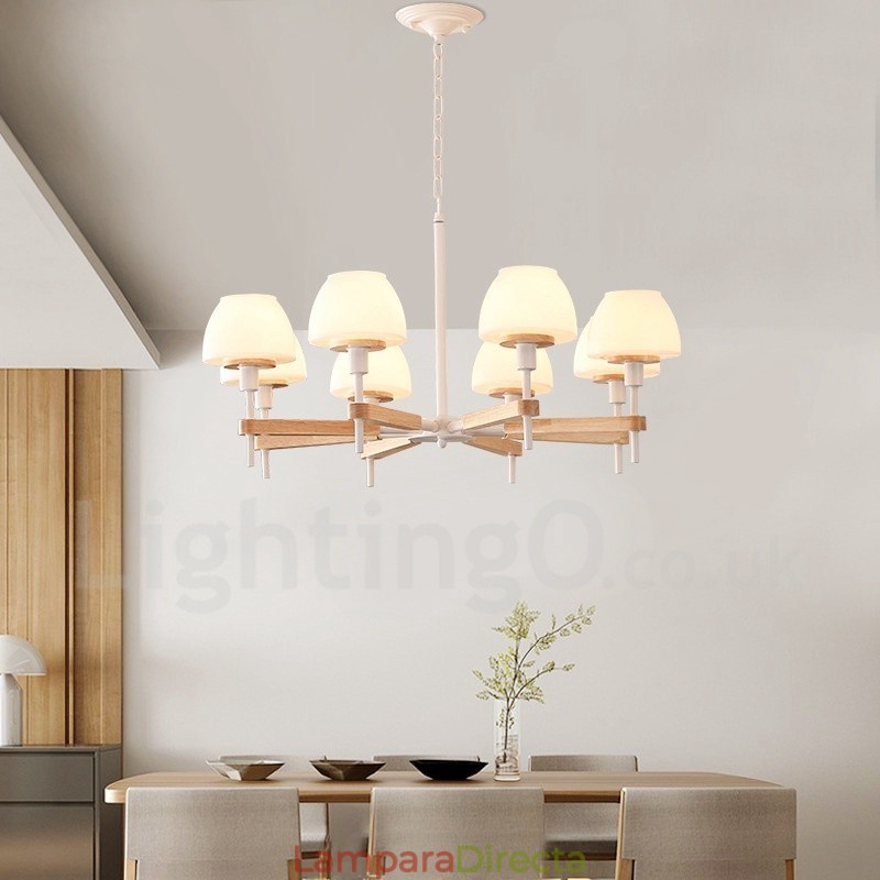 Lámpara colgante de madera Macaron multicolor de 6 y 8 luces con pantallas de cristal, estilo nórdico