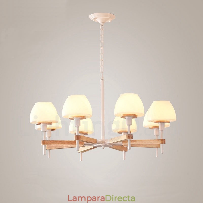 Lámpara colgante de madera Macaron multicolor de 6 y 8 luces con pantallas de cristal, estilo nórdico