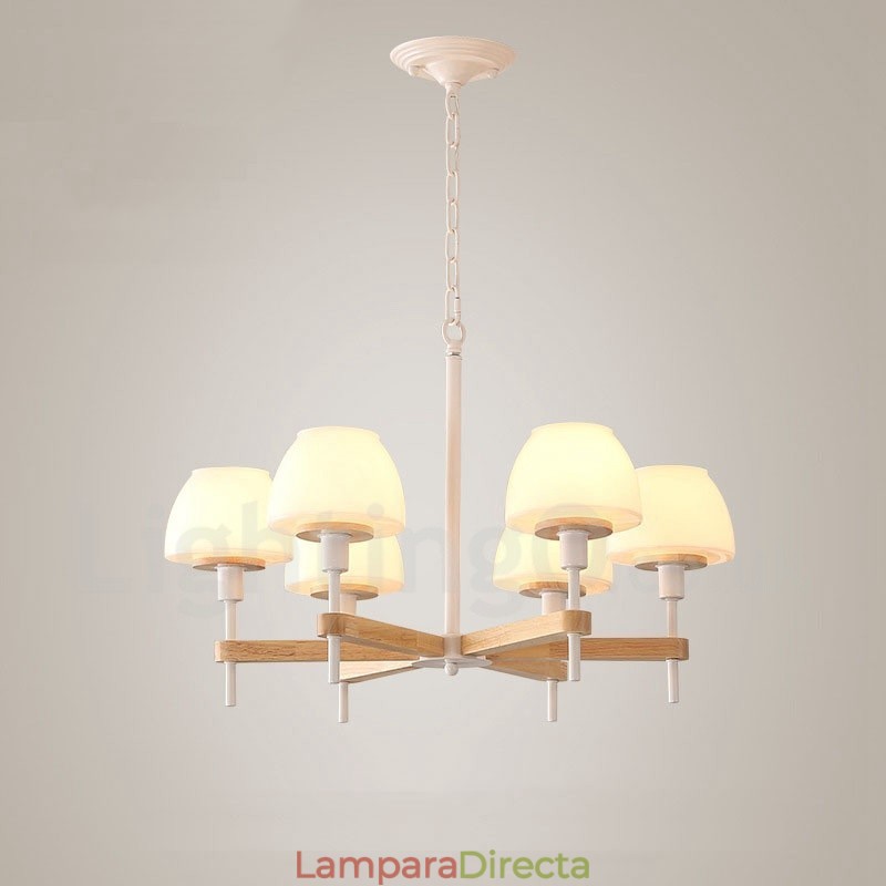 Lámpara colgante de madera Macaron multicolor de 6 y 8 luces con pantallas de cristal, estilo nórdico