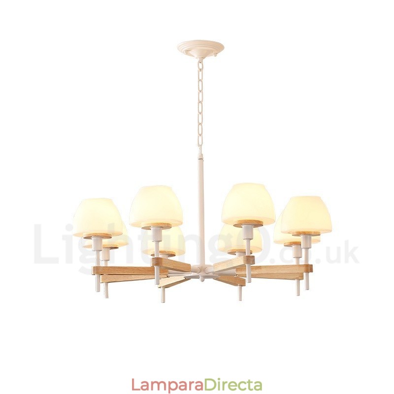 Lámpara colgante de madera Macaron multicolor de 6 y 8 luces con pantallas de cristal, estilo nórdico