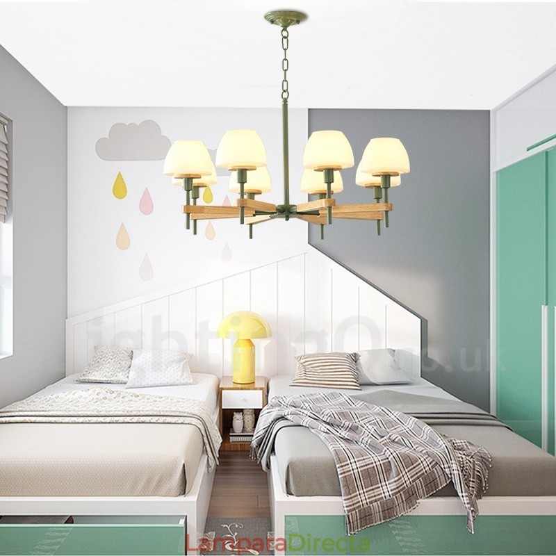 Lámpara colgante de madera Macaron multicolor de 6 y 8 luces con pantallas de cristal, estilo nórdico