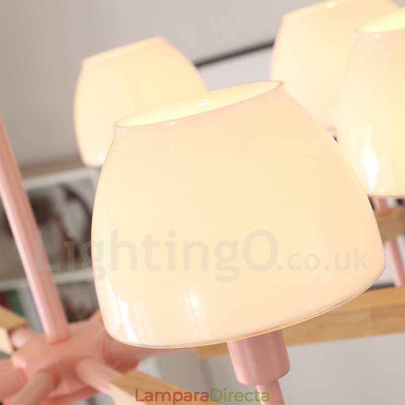 Lámpara colgante de madera Macaron multicolor de 6 y 8 luces con pantallas de cristal, estilo nórdico