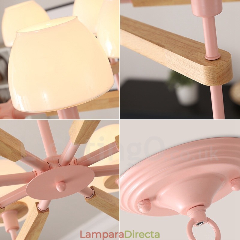 Lámpara colgante de madera Macaron multicolor de 6 y 8 luces con pantallas de cristal, estilo nórdico