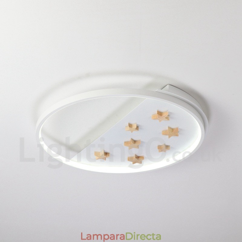 Lámpara de techo ultrafina de madera redonda con estrellas blancas regulables. También se puede usar como luz de pared.