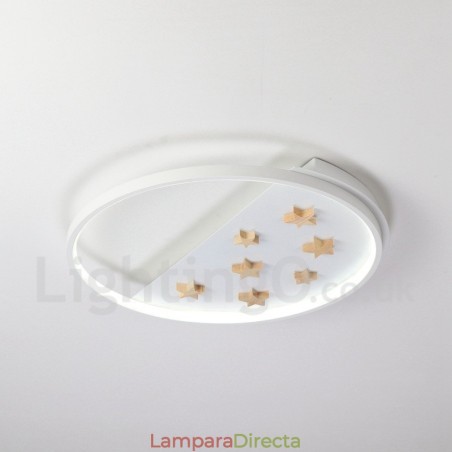 Lámpara de techo ultrafina de madera redonda con estrellas blancas regulables. También se puede usar como luz de pared. Lámpara de techo ultrafina de madera redonda con estrellas blancas regulables. También se puede usar como luz de pared.