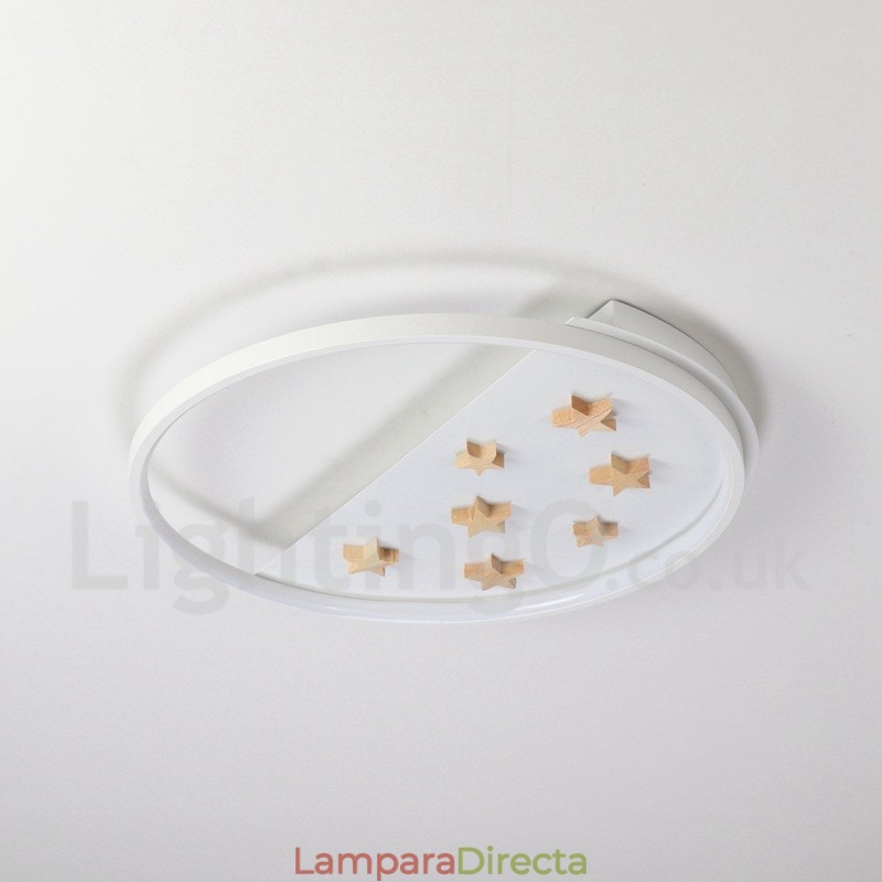 Lámpara de techo ultrafina de madera redonda con estrellas blancas regulables. También se puede usar como luz de pared.