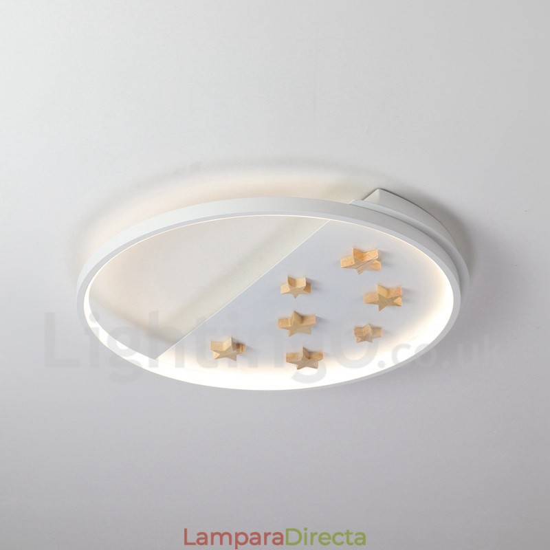Lámpara de techo ultrafina de madera redonda con estrellas blancas regulables. También se puede usar como luz de pared.