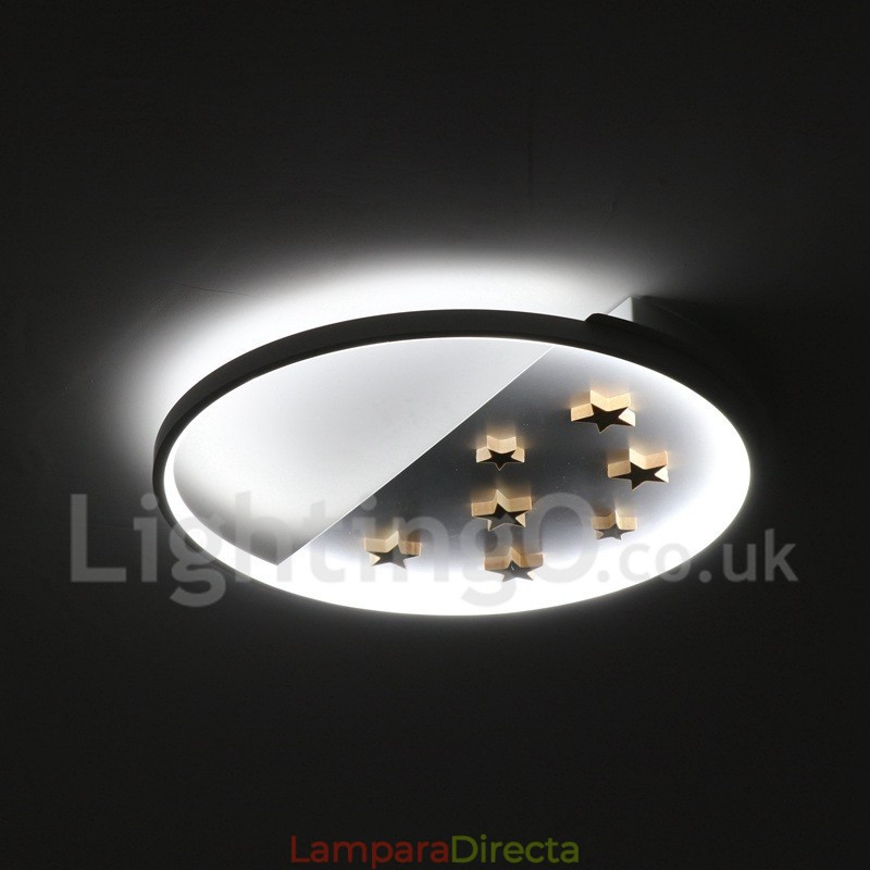 Lámpara de techo ultrafina de madera redonda con estrellas blancas regulables. También se puede usar como luz de pared.