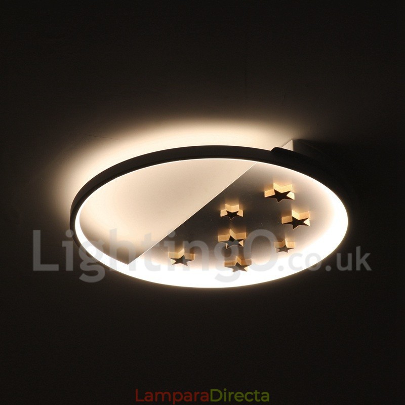 Lámpara de techo ultrafina de madera redonda con estrellas blancas regulables. También se puede usar como luz de pared.