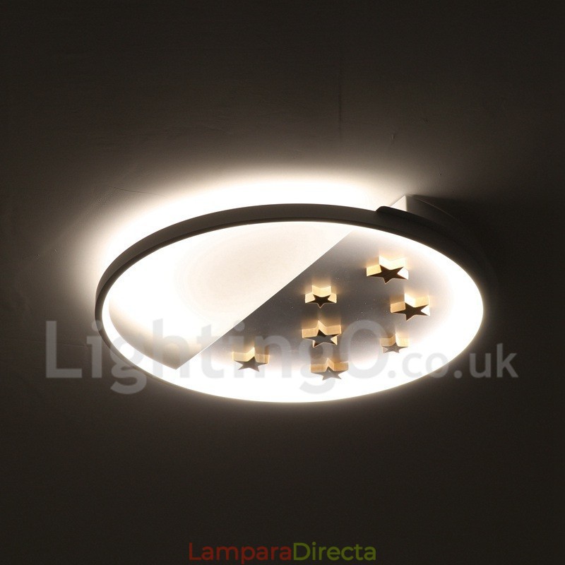 Lámpara de techo ultrafina de madera redonda con estrellas blancas regulables. También se puede usar como luz de pared.