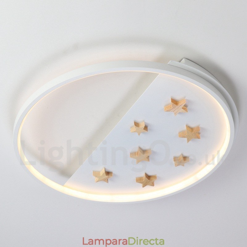 Lámpara de techo ultrafina de madera redonda con estrellas blancas regulables. También se puede usar como luz de pared.