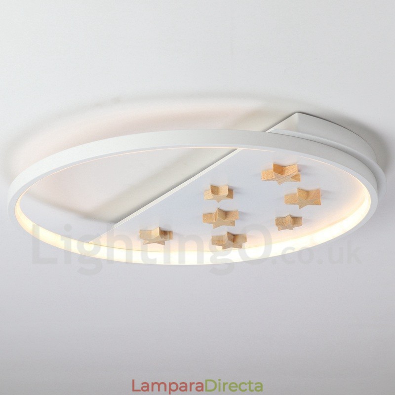 Lámpara de techo ultrafina de madera redonda con estrellas blancas regulables. También se puede usar como luz de pared.