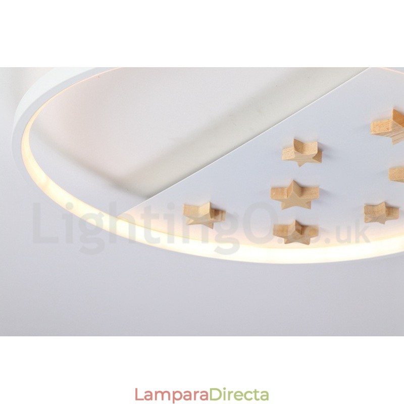 Lámpara de techo ultrafina de madera redonda con estrellas blancas regulables. También se puede usar como luz de pared.