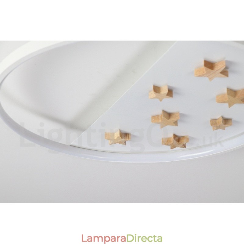 Lámpara de techo ultrafina de madera redonda con estrellas blancas regulables. También se puede usar como luz de pared.