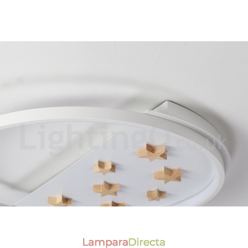 Lámpara de techo ultrafina de madera redonda con estrellas blancas regulables. También se puede usar como luz de pared.