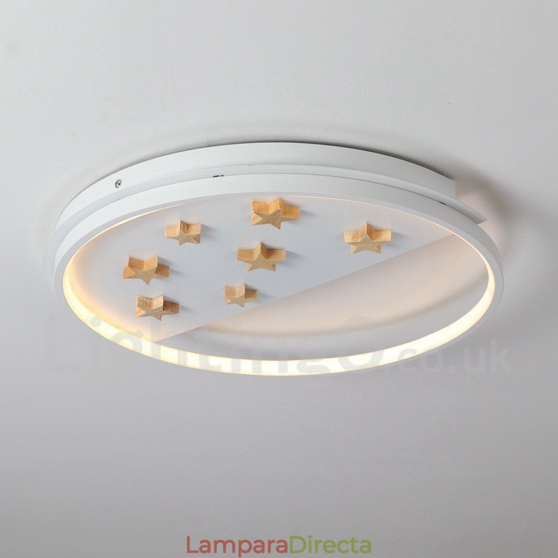 Lámpara de techo ultrafina de madera redonda con estrellas blancas regulables. También se puede usar como luz de pared.