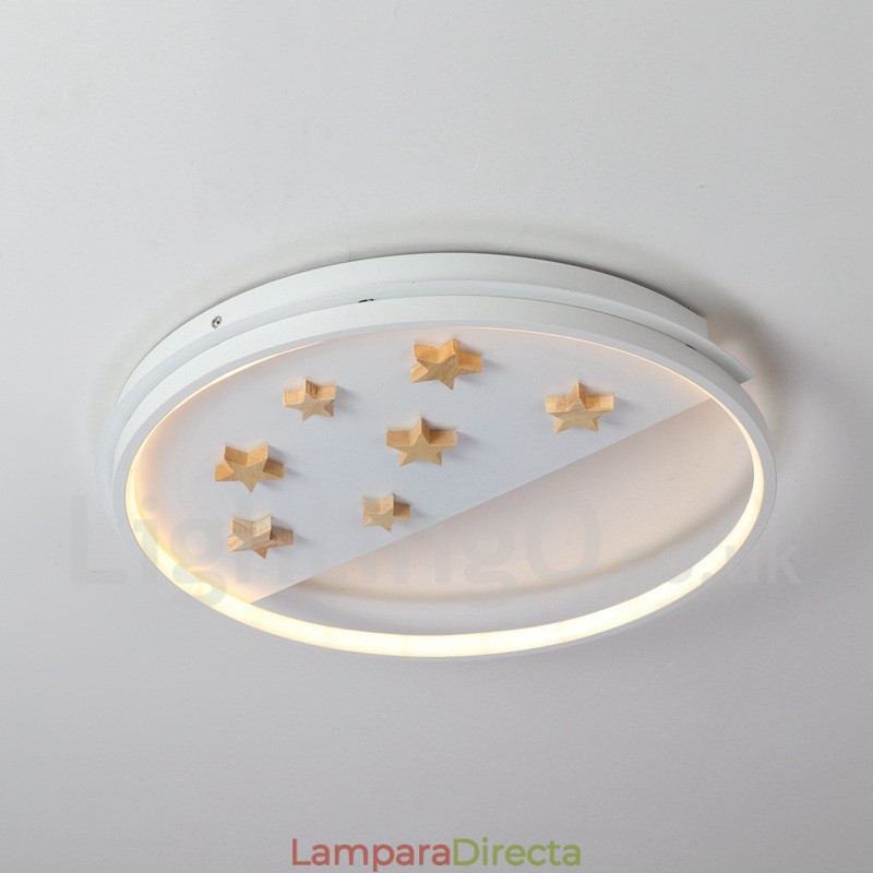 Lámpara de techo ultrafina de madera redonda con estrellas blancas regulables. También se puede usar como luz de pared.