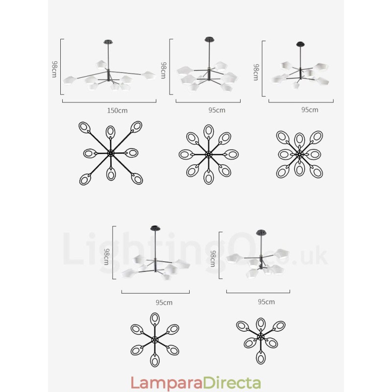 Lámpara de araña moderna y contemporánea con pantallas acrílicas blancas y negras