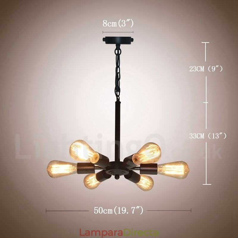 Lámpara colgante rústica retro vintage negra de 6 luces