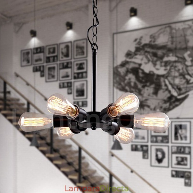 Lámpara colgante rústica retro vintage negra de 6 luces