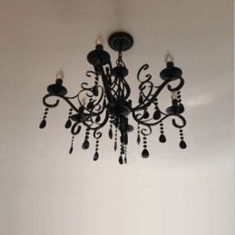 Lámpara colgante de cristal rústico retro vintage, color negro, blanco y azul, de 6 luces