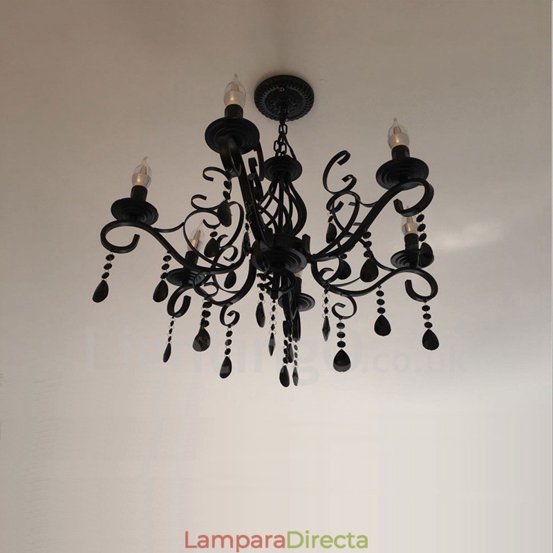Lámpara colgante de cristal rústico retro vintage, color negro, blanco y azul, de 6 luces