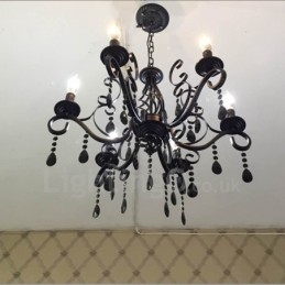 Lámpara colgante de cristal rústico retro vintage, color negro, blanco y azul, de 6 luces