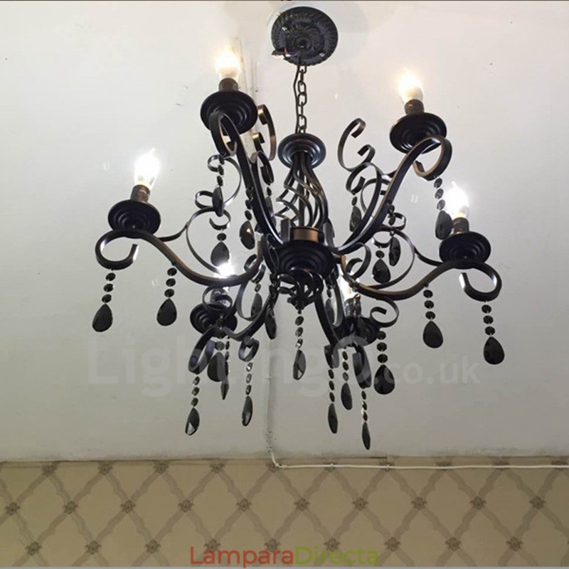 Lámpara colgante de cristal rústico retro vintage, color negro, blanco y azul, de 6 luces