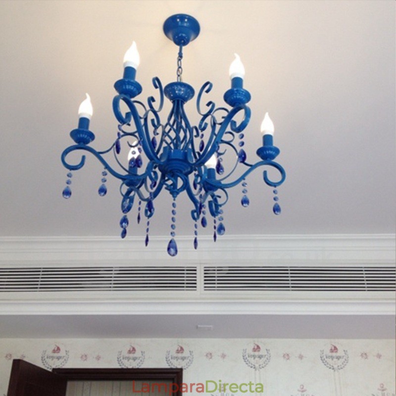 Lámpara colgante de cristal rústico retro vintage, color negro, blanco y azul, de 6 luces